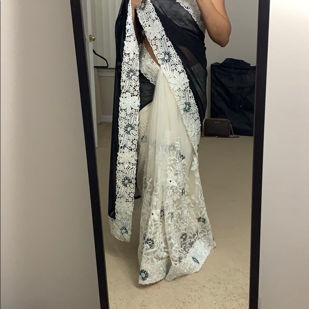 Black and white shimmer net heavy work saree - Picture 2 of 7